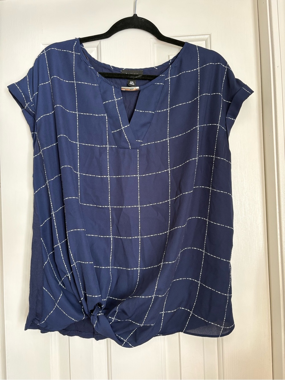 AB Studio Navy Windowpane Knot-Front Blouse